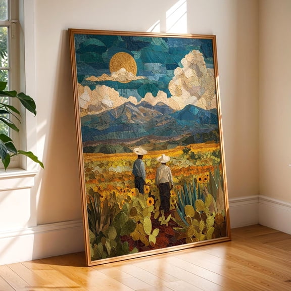 Mexican Folk Art Campesino Marigold Field Golden Sun Heritage Decor, Unframed Poster