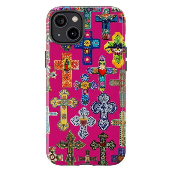 Mexican Folk Art Cross Phone Case, Colorful Religious Collage iPhone Cover, Artistic Protective Case for iPhone 16 15 14 13 12 11 Plus Pro Max Mini