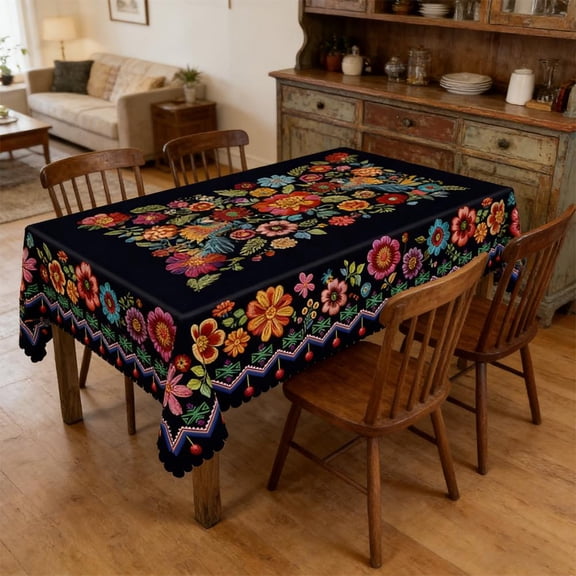 Mexican Folk Art Floral Tablecloth,Navy Blue with Colorful Embroidered Flowers,Rectangle and Round Size with Scalloped Edge,Vibrant Colorful Folk Art Pattern Table Cover for Dining Room Party Picnic