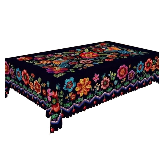 Mexican Folk Art Floral Tablecloth Navy Blue wirh Colorful Embroidered Rectangle and Round Sizes Decorative Border wirh Pom Poms Dining Cover