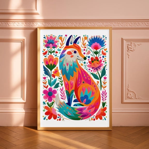 Mexican Folk Art Fox Print Colorful Floral Fox Wall Art Otomi Style Bright Decor Vibrant Talavera Inspired Print, Unframed Paper Print