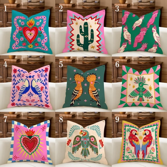 Mexican Folk Art Linen Pillowcase, Vibrant Tropical Bird Art, Colorful Sacred Heart Throw Pillow, Cactus Toucan Parrot Maximalist Home Decor