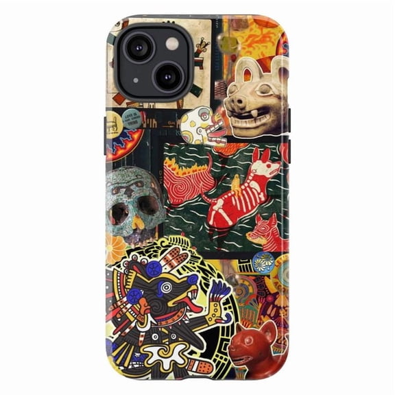 Mexican Folk Art Phone Case, Skull Dog Deity Collage iPhone Cover, Protective Artistic Case for iPhone 17 16 15 14 13 12 11 Pro Plus Mini