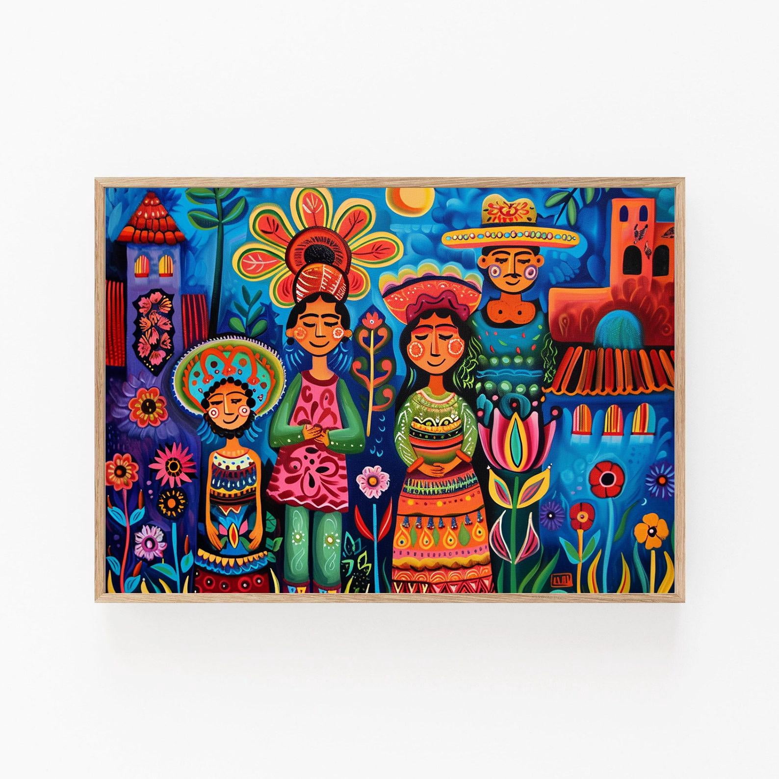 Mexican Folk Art Print Colorful Villagers, Floral Patterns, Aztec ...