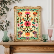 Mexican Folk Art Print Pink And Green Floral Print Vintage Folk Art Latin American Home Decor Mexico Wall Art Colorful Cactus Art Print