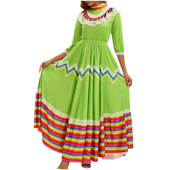 Mexican Folk Dance Dress for Women Traditional Floral Embroidered Fiesta Dress Cultural Ballet Folklorico Outfit