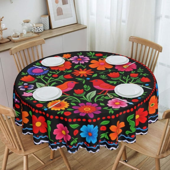 Mexican Folk Embroidery Bird & Floral Circle Round Tablecloth Waterproof Oil Proof Spill Proof Table Cloth 70" for Camping, Dining, Indoor and Outdoor Table Cover