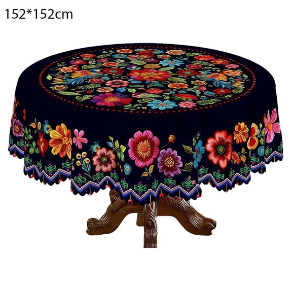 Mexican Folk Floral Tablecloth, Navy Blue with Colorful Embroidered Flowers, Scalloped Sizes Rectangle Round