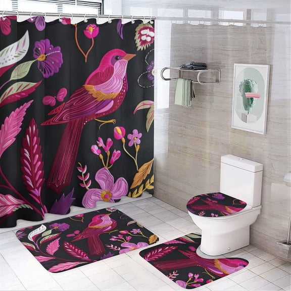 Mexican Folklore Bird Floweers-1 4Pcs Shower Curtain Set with Rugs with Non-Slip Rugs Toilet Lid Cover And Bath Mat Modern Geometry Waterproof Durable Bathroom Decor Shower for Bathroom Decor Set