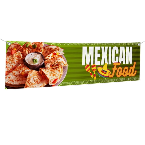 Mexican Food Large Banners and Signs for Outdoor by DreamController-Polyester Banner with 4 Holes for Easy Hang Indoor & Outdoor| 4x1 Feet HD Banner to Promote Food & Beverages | Made in USA