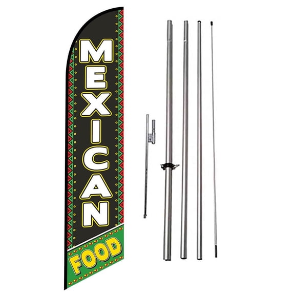 Mexican Food Restaurant Advertising Feather Banner Swooper Flag Sign with Flag Pole Kit and Ground Stake black/Green
