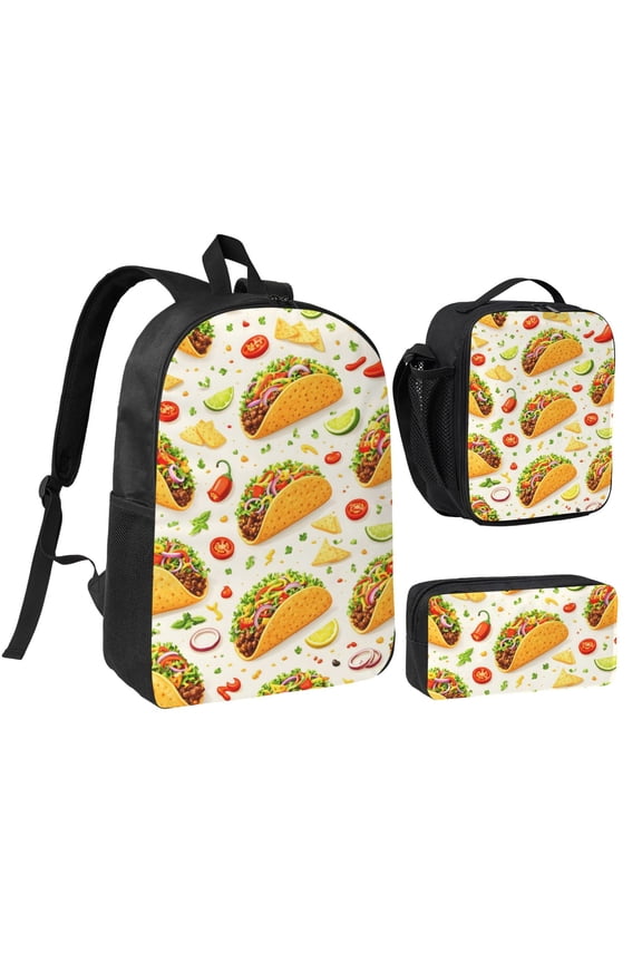 Mexican Food Taco Backpack Set 3pc Including Backpack, Lunch Bag and Pen Bag Combination