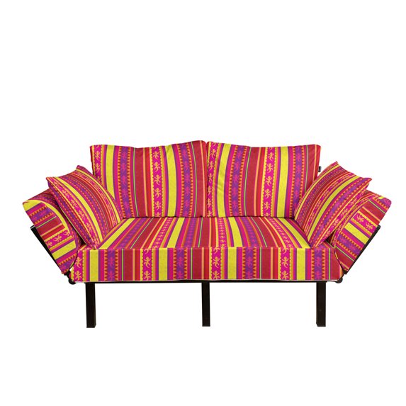 Mexican Futon Couch, Vibrant Colored Striped Pattern with Abstract Lizard Animal Folk Borders, Daybed with Metal Frame Upholstered Sofa for Living Dorm, Loveseat, Multicolor, by Ambesonne