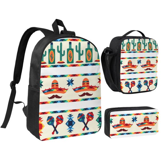 Mexican Geometric Native Ethnic Retro 17-inch Laptop Backpack 3-Piece Set with Insulated Lunch Bag and Accessory Pouch, Rucksack for Teens Adults