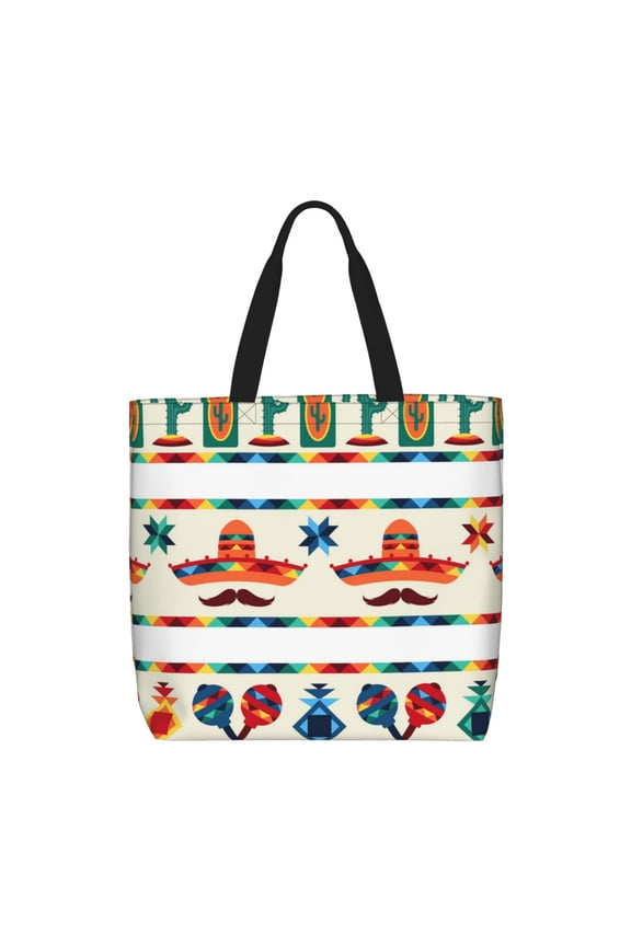 Mexican Geometric Native Ethnic Retro Zippered Tote Bag Large Capacity Shoulder Handbag for Shopping, Work, Travel