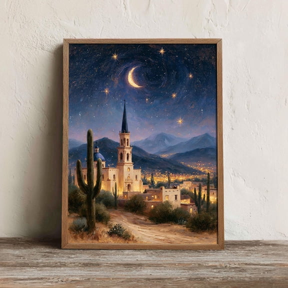 Mexican Hacienda Church Wall Art Print, Crescent Moon Desert Decor