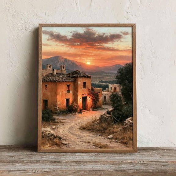 Mexican Hacienda Wall Art Print, Adobe Village Sunset Decor