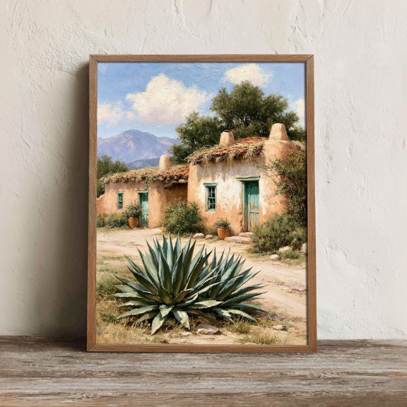 Mexican Hacienda Wall Art Print, Desert Agave Adobe Village Decor
