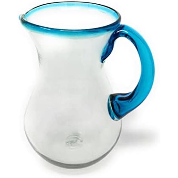 Mexican Hand Blown Glass Pitcher  Aqua Rim and Handle (84 oz)$$Home Decor, Kitchen, & Other
