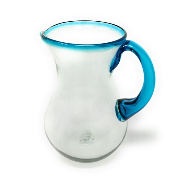 Mexican Hand Blown Glass Pitcher Aqua Rim and Handle 84 oz