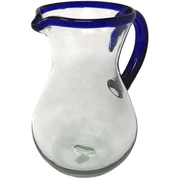 Mexican Hand Blown Glass Pitcher  Cobalt Blue Rim and Handle (84 oz)$$Home Decor, Kitchen, & Other