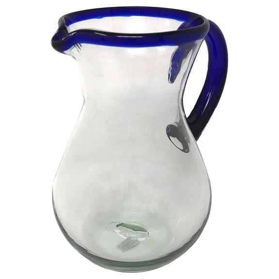 Mexican Hand Blown Glass Pitcher  Cobalt Blue Rim and Handle (84 oz)