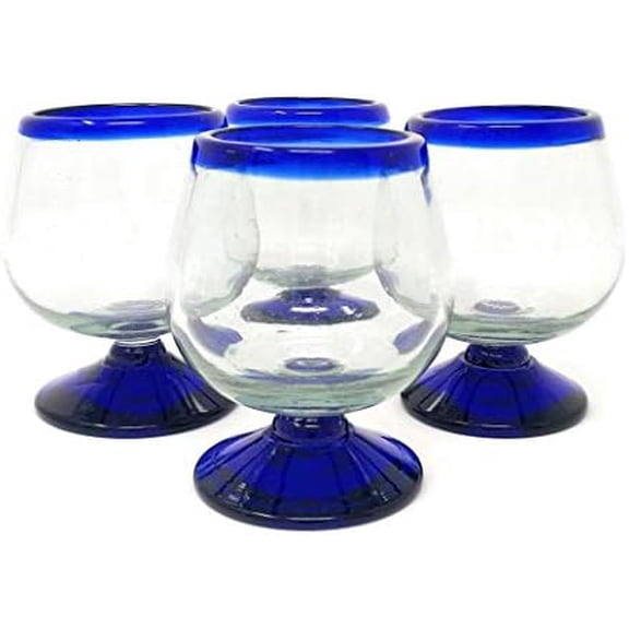 Mexican Hand Blown Glass  Set of 4 Hand Blown Cognac Snifter Glasses - Cobalt Blue Rim$$Home Decor, Kitchen, & Other