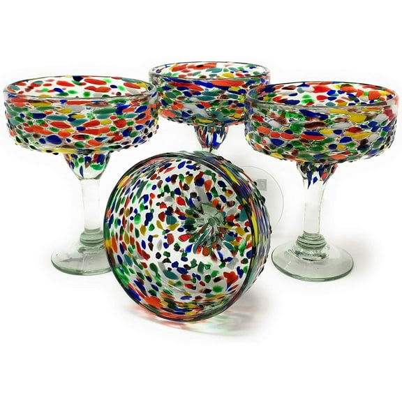 Mexican Hand Blown Glass  Set of 4 Hand Blown Margarita Glasses Confetti Rock (16 oz)