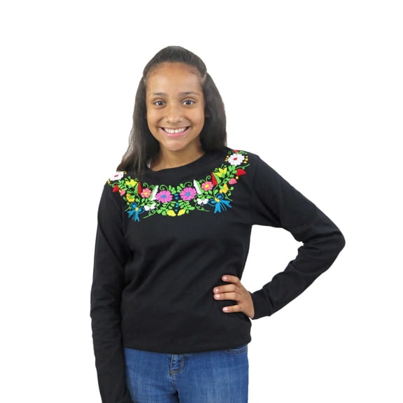 Mexican Hand Embroidered Long Sleeve T Shirt (Black, Large)