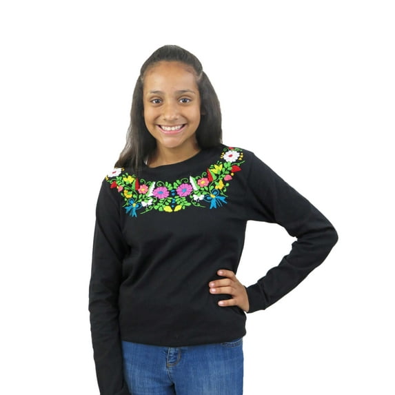 Mexican Hand Embroidered Long Sleeve T Shirt (Black, Medium)