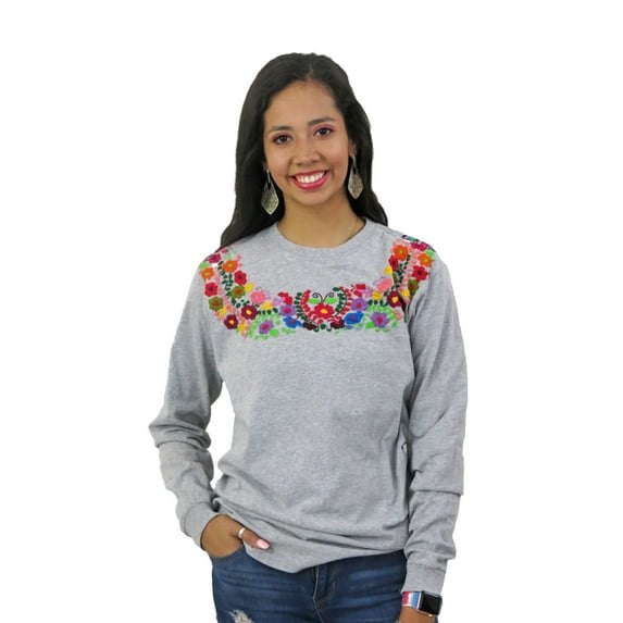 Mexican Hand Embroidered Long Sleeve T Shirt (Grey, 2XL)