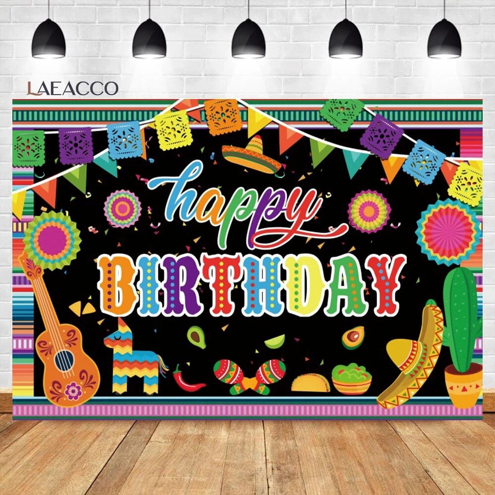 Mexican Happy Birthday Backdrop Colorful Flags Floral Cactus Fiesta ...