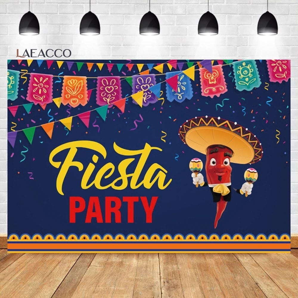 Mexican Happy Birthday Backdrop Colorful Flags Floral Cactus Fiesta ...