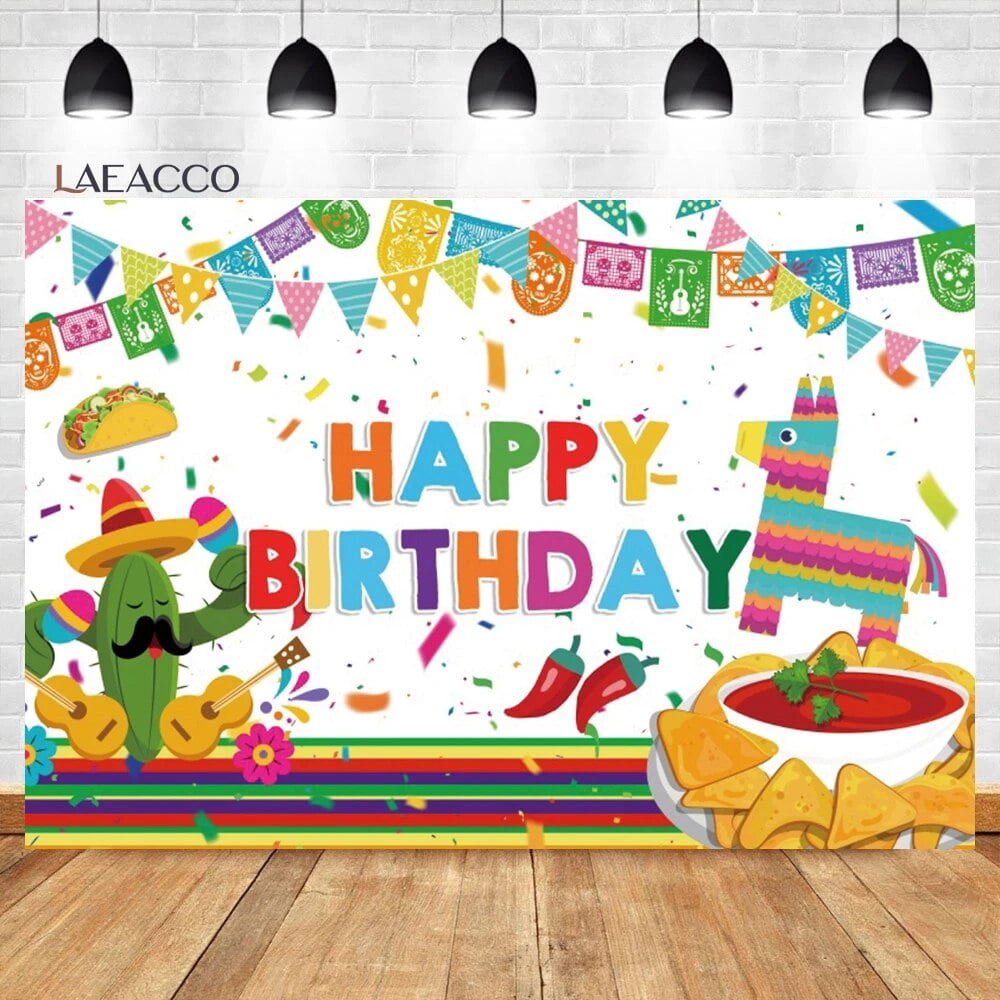 Mexican Happy Birthday Backdrop Colorful Flags Floral Cactus Fiesta ...