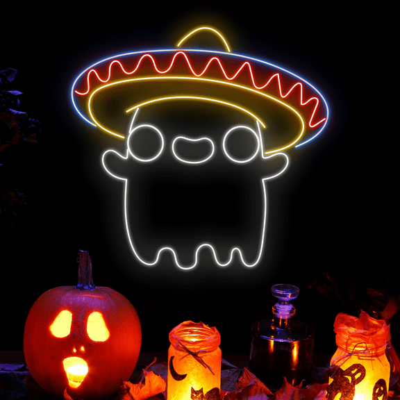 Mexican Hat Ghost Neon Signs, Taco Restaurant Halloween Decor