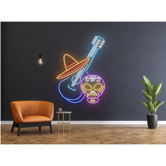 Mexican Head Skull play guitar Neon Sign, Halloween Decor