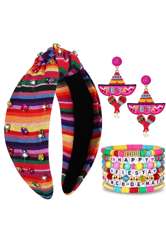 Mexican Headband for Women Cinco De Mayo Fiesta Headbands Sombrero Dangle Earrings Stackable Heishi Bracelets Gifts[o625]