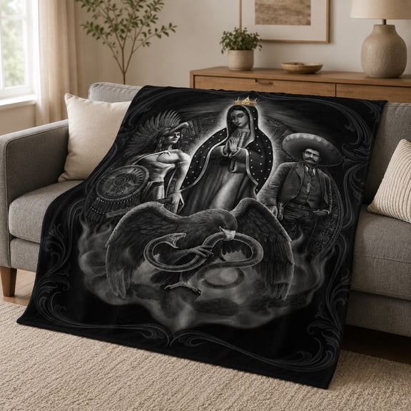 Mexican Heritage Fleece Blanket – Aztec Warrior & Charro Art, Soft 280gsm Throw for Sofa, Cozy Cultural Pride Blanket