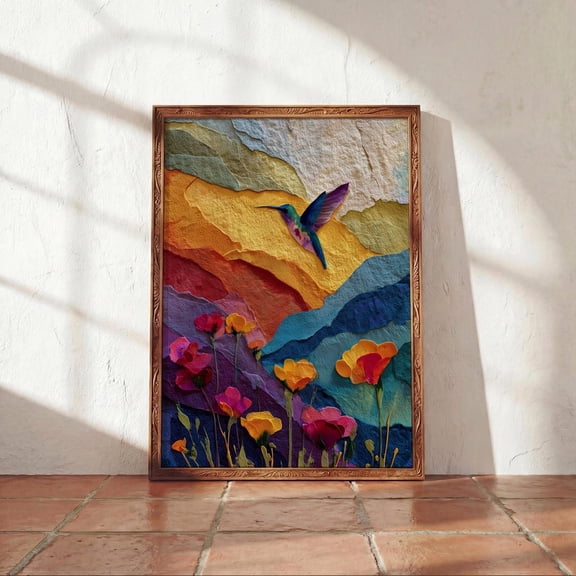 Mexican Hummingbird Desert Wildflower Landscape Paper Collage Style Art Unframed Paper Print