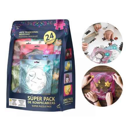 Mexican Inspired Loteria Puzzles, Set of 24 Individually Packaged Puzzles inspired by the iconic Mexican Loteria and Traditional Mexican Art, Includes Puzzles with 48-pc, 60-pc, & 100-pc, Ages 3+