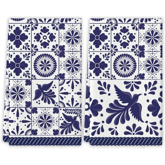 Mexican Kitchen Towels Blue Patchwork Tiles Dish Towels Mexican Fiesta Talavera Floral Bird Decor Mexican Dia de Los Muertos Decorations for Simple Life Home Party