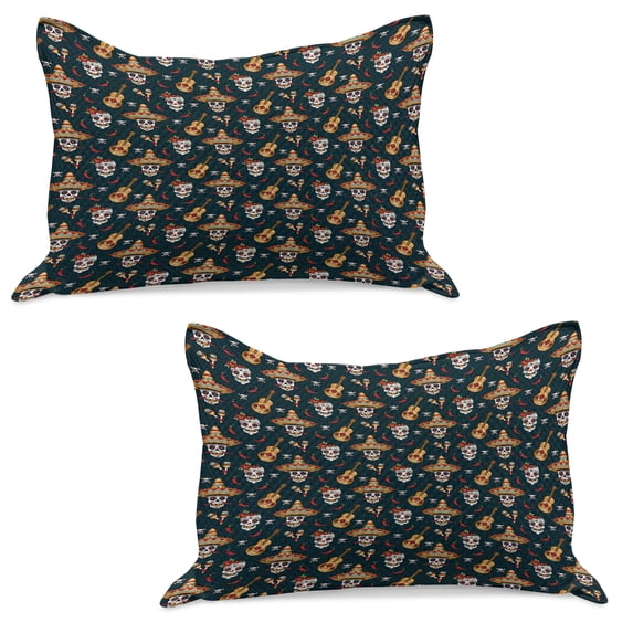 Mexican Knitted Quilt Pillowcover Set of 2, Detailed Floral Sugar Skulls with Sombrero Hats Chili Peppers and Guitars, Standard Queen Pillow Sham Bedroom, 30" x 20", Multicolor, by Ambesonne