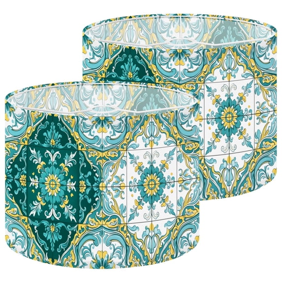 Mexican Lamp Shades Set of 2 Ornate Floral Mediterranean Tile Teal Yellow White 13" x 13" x 10" Lampshade for Table Lamps Floor Lamps Lamp Shade Replacement Easy Assembly Required