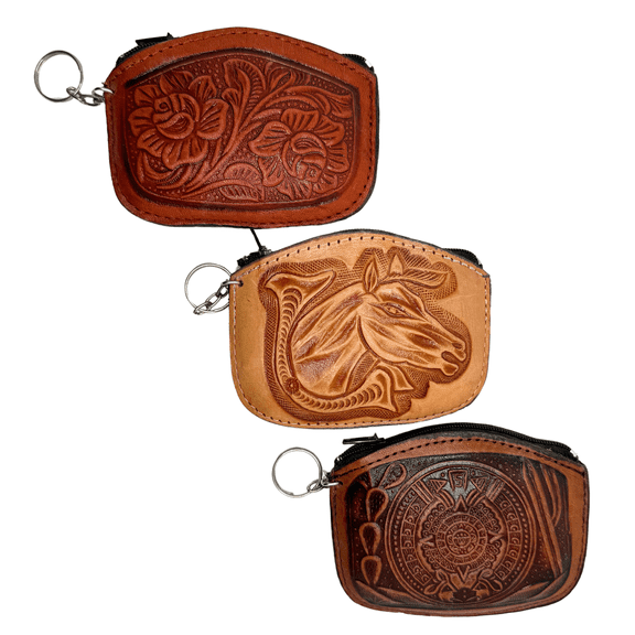 Mexican Leather Coin Pouch with Aztec designs in Assorted Colors 1pc | Monedero Mexicano de Piel con figuras Aztecas - MexART