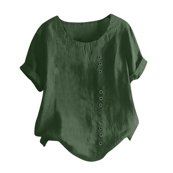 Mexican Linen Shirts for Women Summer Short Sleeve Crewneck Tunics Tops Solid Color Button Plus Size Blouse 2025 Casual Loose Fit Soft T Shirts