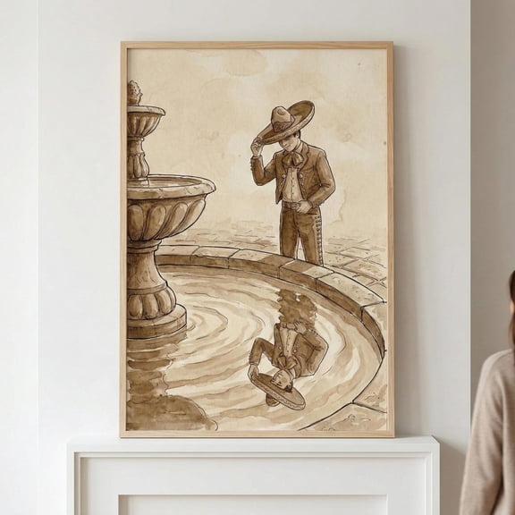 Mexican Mariachi Figure Sepia Ink Wash Poster Unframed Paper Print