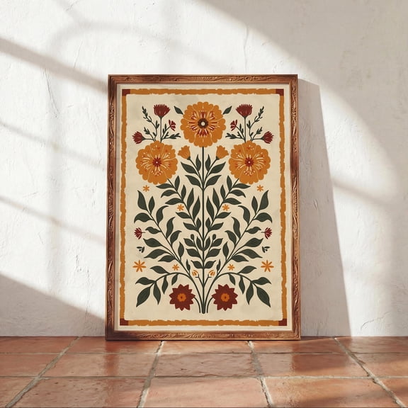 Mexican Marigo Poster Print Folk Floral Latinx Wall Art Hispanic Heritage Poster Boho Kitchen Decor Rustic Autumn Floral Vintage Style Unframed Paper Print