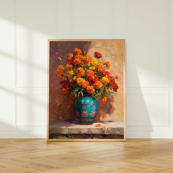 Mexican Marigold Turquoise Pottery Dia De Muertos Vibrant Floral Art Unframed Paper Print