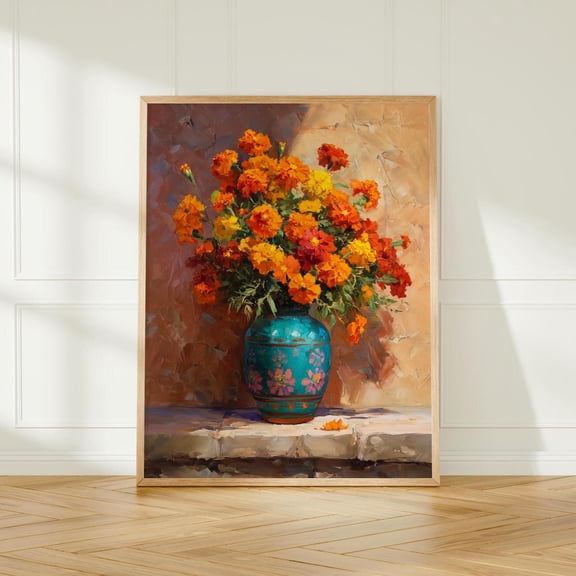 Mexican Marigold Turquoise Pottery Dia de Muertos Folk Floral Decor Unframed Paper Print
