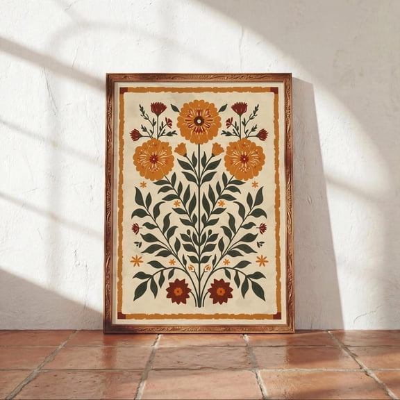 Mexican Marigolds Folk Floral Hispanic Heritage Boho Kitchen Decor Unframed Paper Print